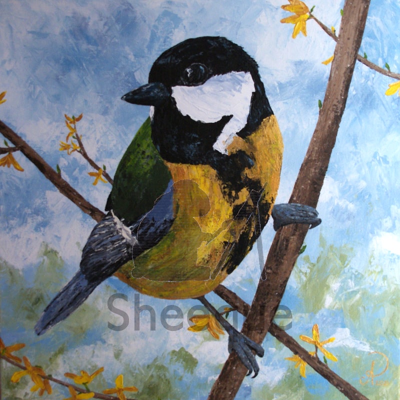 acryl schilderij koolmeesje lente
